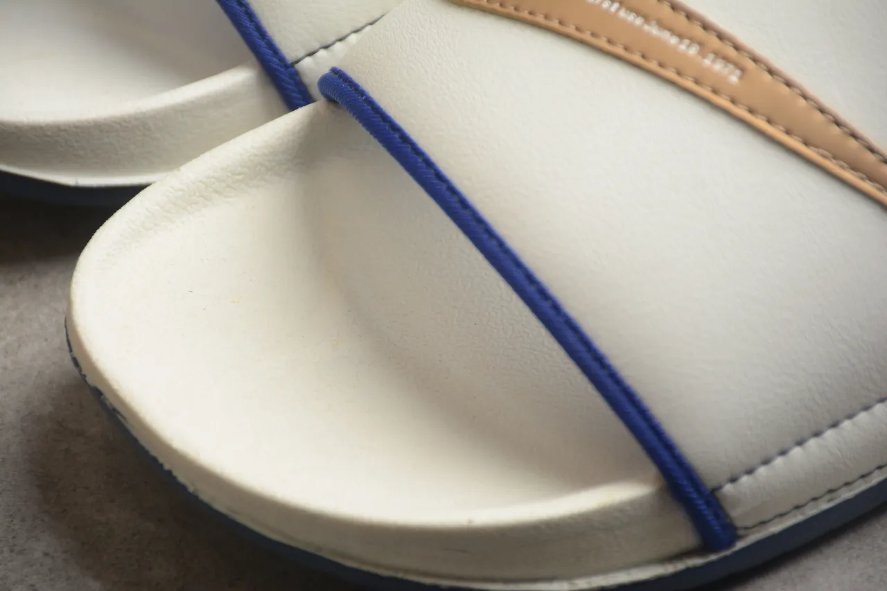 Nike White Blue Molded EVA Footbed Tan Leather Accent Tab Slippers 7
