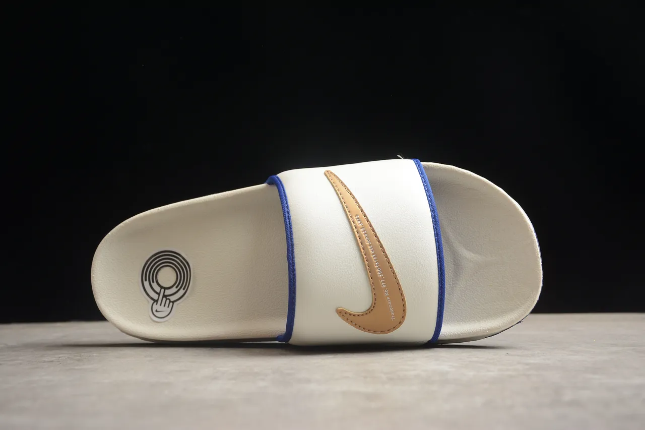Nike White Blue Molded EVA Footbed Tan Leather Accent Tab Slippers 11
