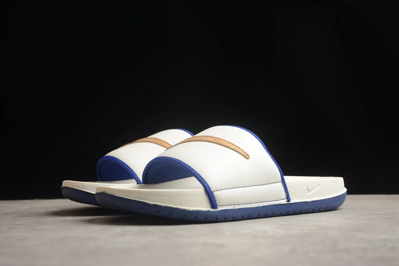 Nike White Blue Molded EVA Footbed Tan Leather Accent Tab Slippers 13