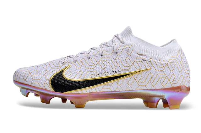 Nike White Gold Flyknit Upper Geometric Print Firm-Ground Soccer Shoes 6