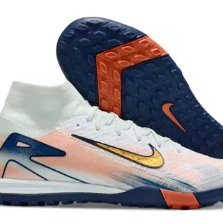 Nike White Navy Knit Upper High-Top Collar Turf Soccer Shoes