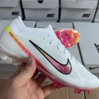 Nike White Pink Knit Sock-Fit Upper Holographic Swoosh Firm-Ground Soccer Shoes