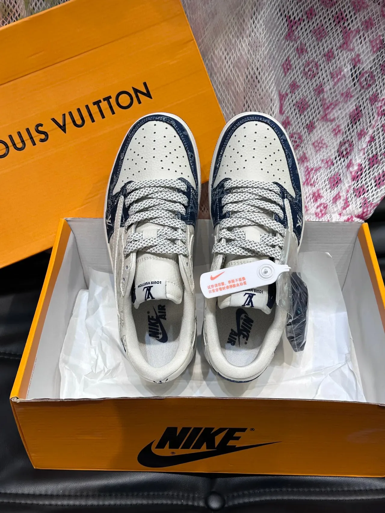 Nike x Louis Vuitton Dunk Low White and Navy Monogram Lifestyle Sneakers 4