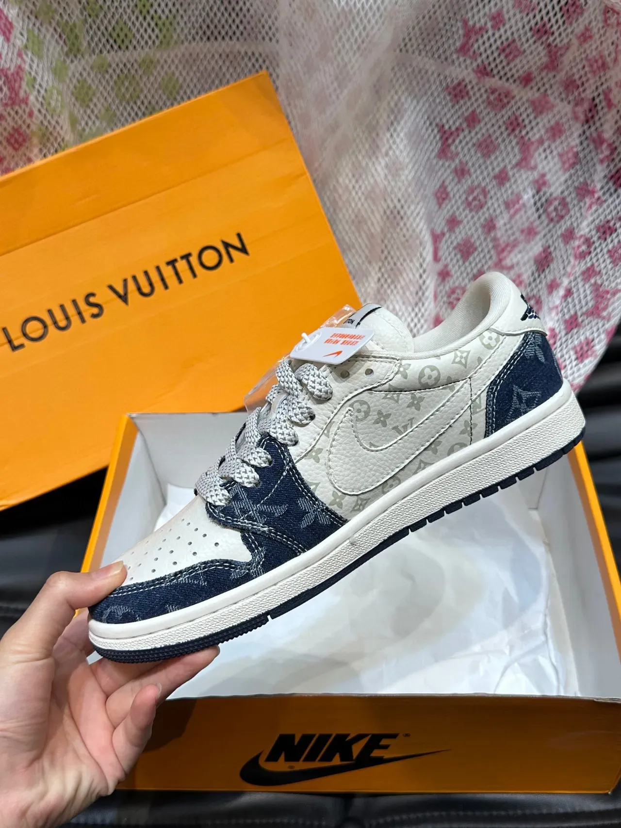 Nike x Louis Vuitton Dunk Low White and Navy Monogram Lifestyle Sneakers 5