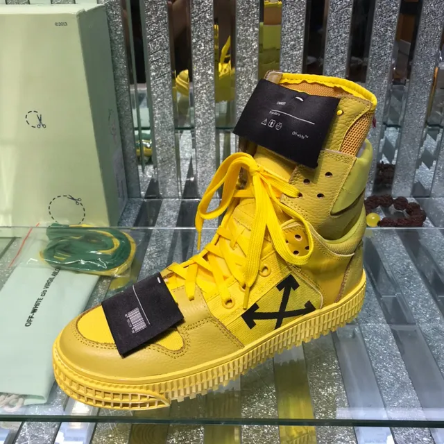 Off-White أحذية رياضية أسلوب الحياة أصفر أسود عالية الارتفاع بطبقات جلد وشبكة 4