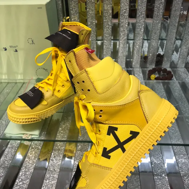 Off-White أحذية رياضية أسلوب الحياة أصفر أسود عالية الارتفاع بطبقات جلد وشبكة 6