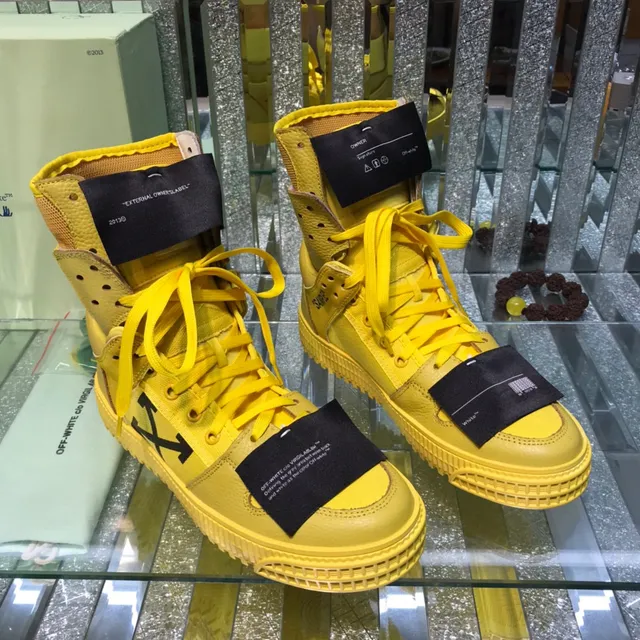 Off-White أحذية رياضية أسلوب الحياة أصفر أسود عالية الارتفاع بطبقات جلد وشبكة 8