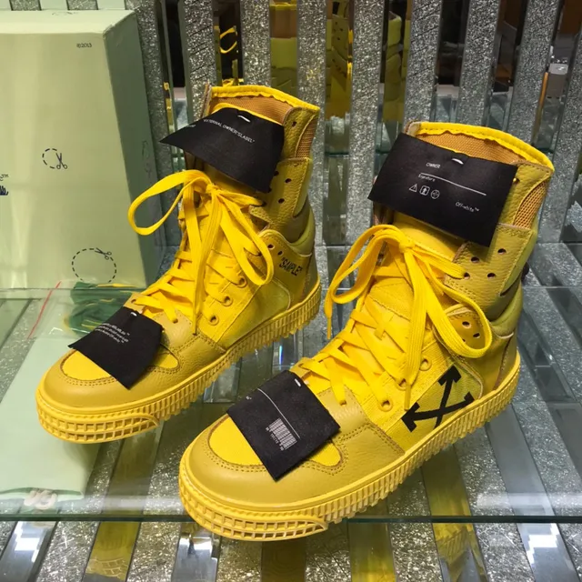 Off-White أحذية رياضية أسلوب الحياة أصفر أسود عالية الارتفاع بطبقات جلد وشبكة 9