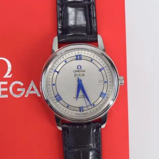 Omega De Ville Silver Dial Blue Hands Black Leather Mechanical Watch