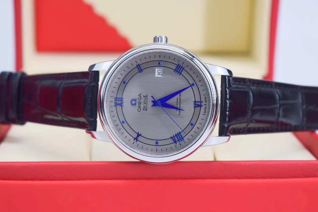 Omega De Ville Silver Dial Blue Hands Black Leather Mechanical Watch 3