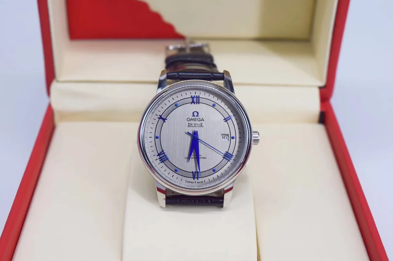 Omega De Ville Silver Dial Blue Hands Black Leather Mechanical Watch 4