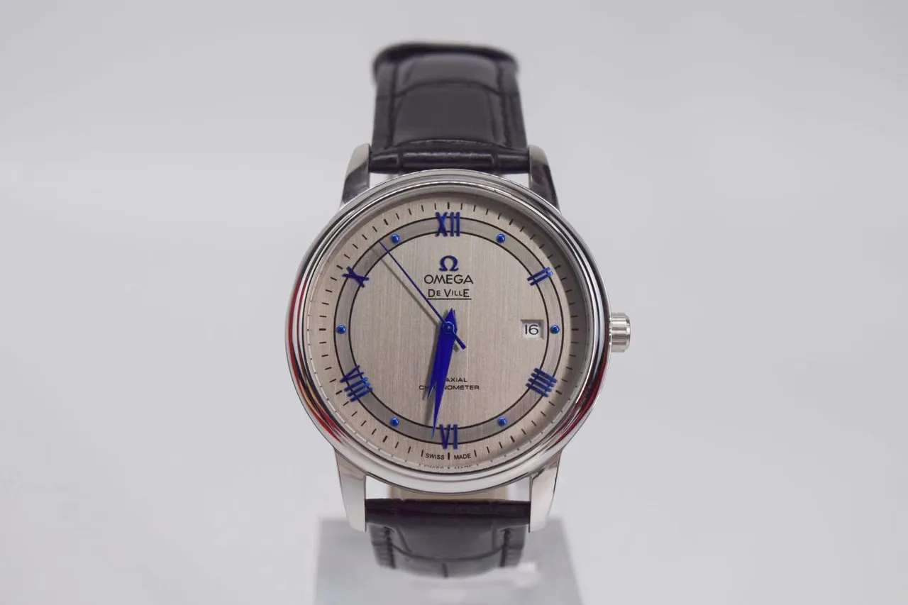 Omega De Ville Silver Dial Blue Hands Black Leather Mechanical Watch 6