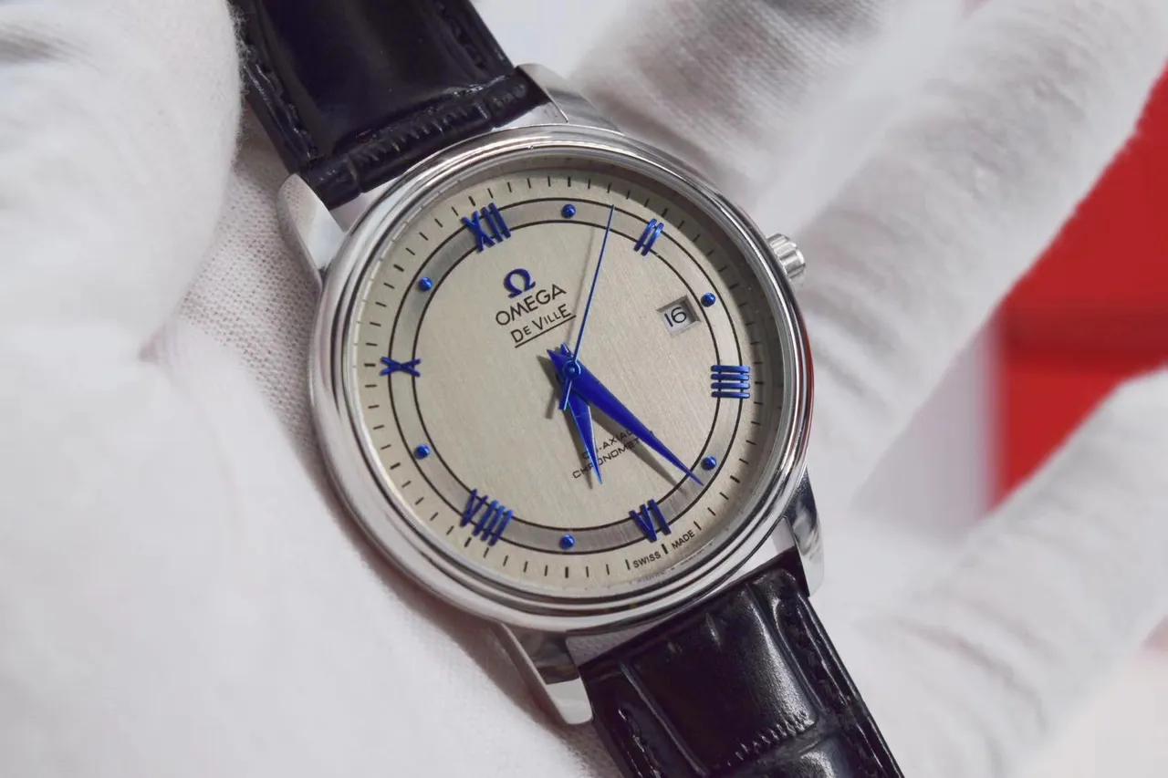 Omega De Ville Silver Dial Blue Hands Black Leather Mechanical Watch 7