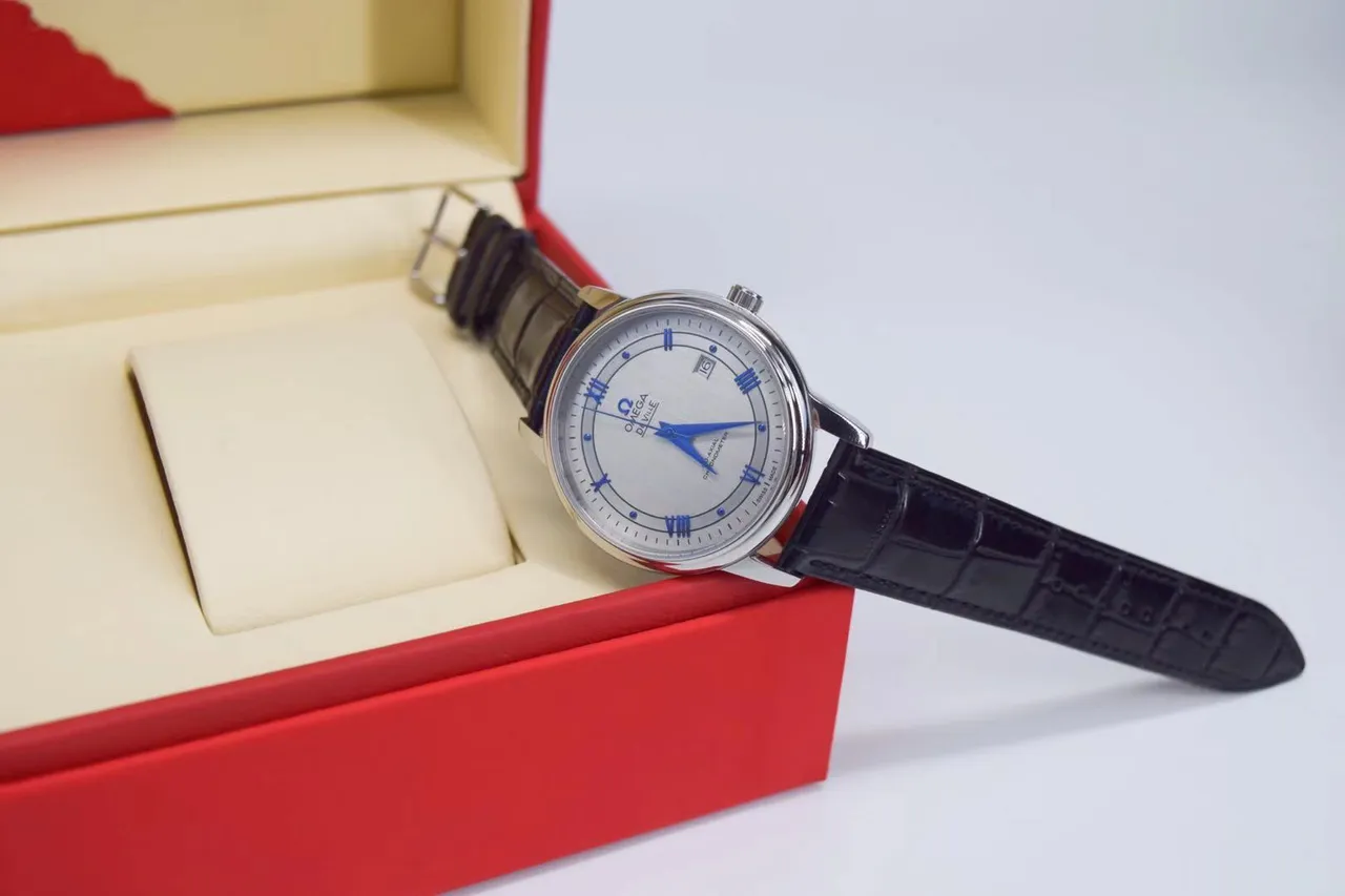 Omega De Ville Silver Dial Blue Hands Black Leather Mechanical Watch 9