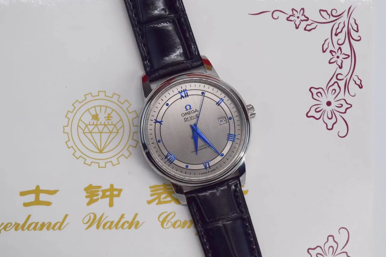 Omega De Ville Silver Dial Blue Hands Black Leather Mechanical Watch 10
