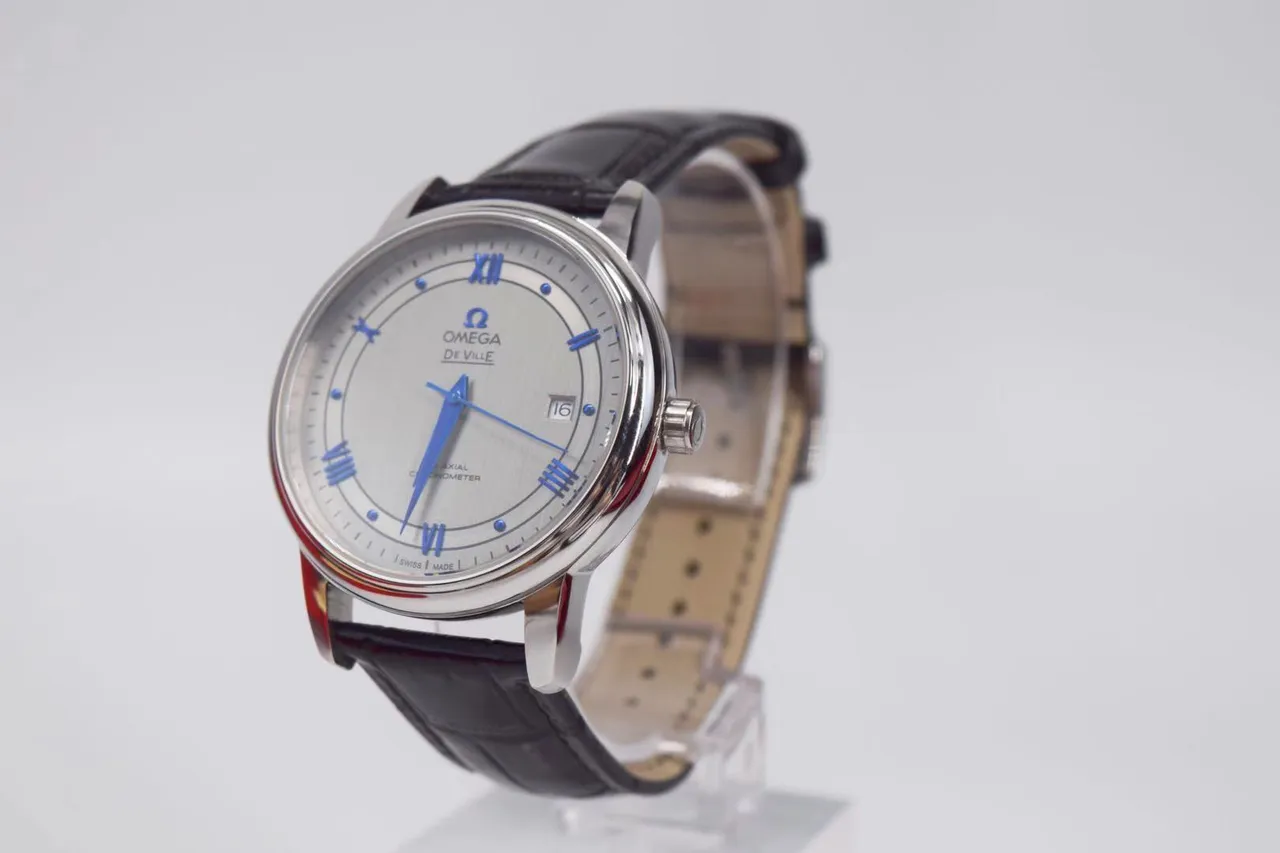 Omega De Ville Silver Dial Blue Hands Black Leather Mechanical Watch 12