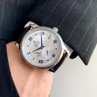 Omega De Ville Silver Dial Blue Hands Black Leather Strap Mechanical Watch
