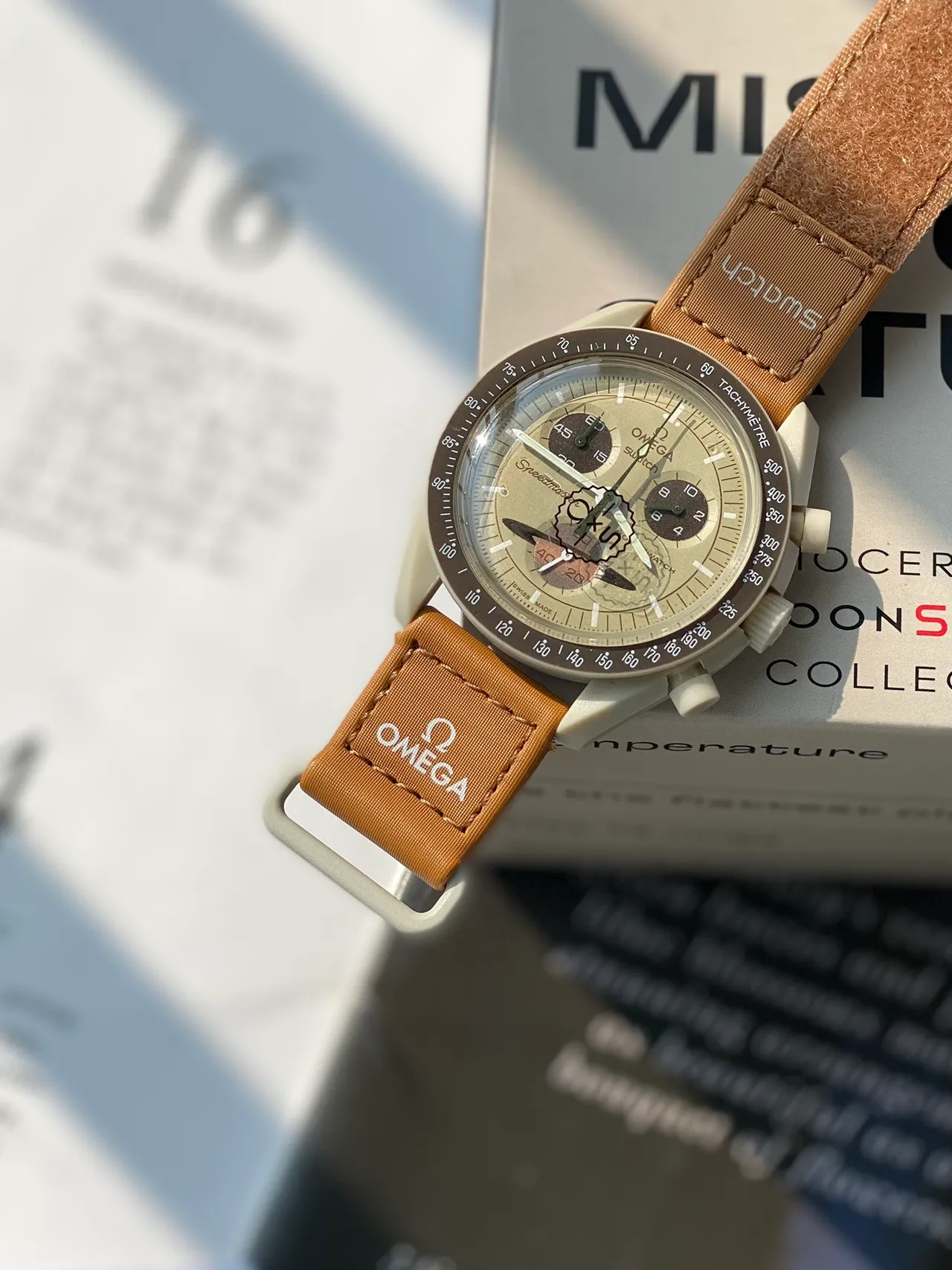 Omega Speedmaster Chronograph Beige Dial Tan Strap Mechanical Watch 6