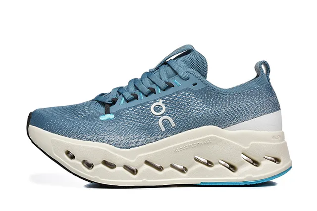On Blue Beige Engineered Knit Upper Low-Profile Silhouette Running Shoes 5