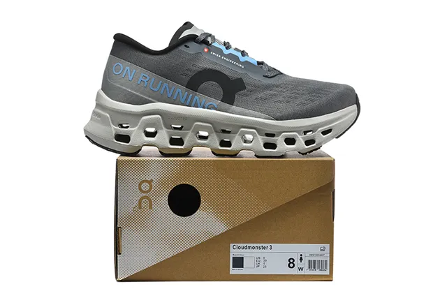 On Cloudmonster Gray Blue Running Shoes 2