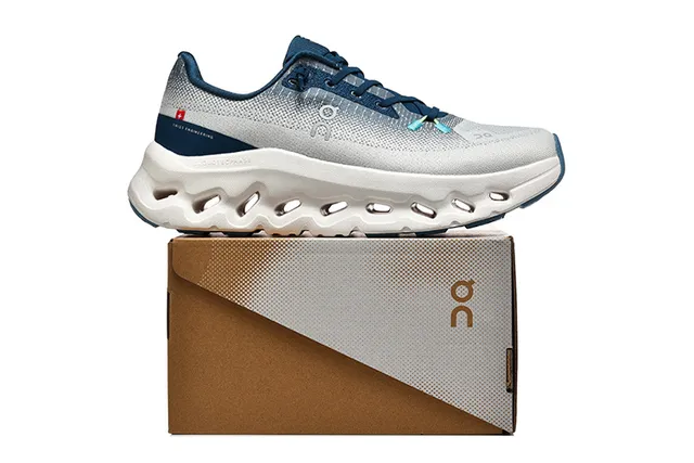 On Gray Navy Engineered Knit Upper Open Hexagonal CloudTec Pods Running Shoes 2