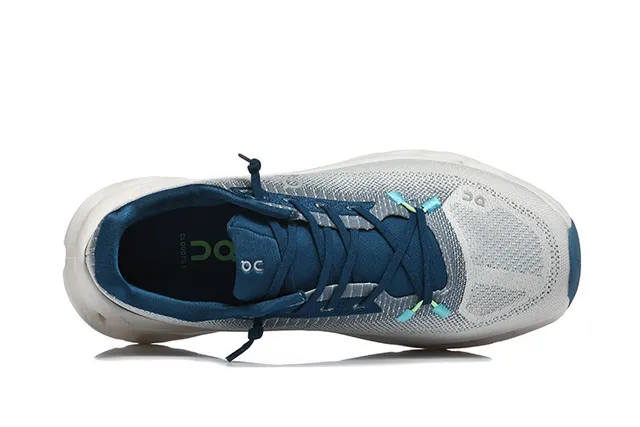 On Gray Navy Engineered Knit Upper Open Hexagonal CloudTec Pods Running Shoes 3