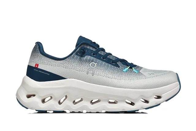 On Gray Navy Engineered Knit Upper Open Hexagonal CloudTec Pods Running Shoes 4