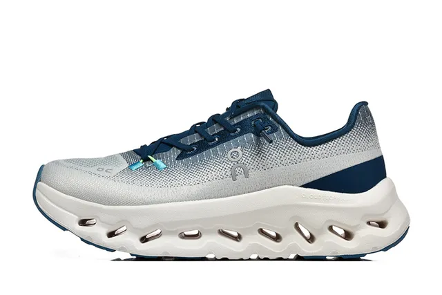 On Gray Navy Engineered Knit Upper Open Hexagonal CloudTec Pods Running Shoes 5