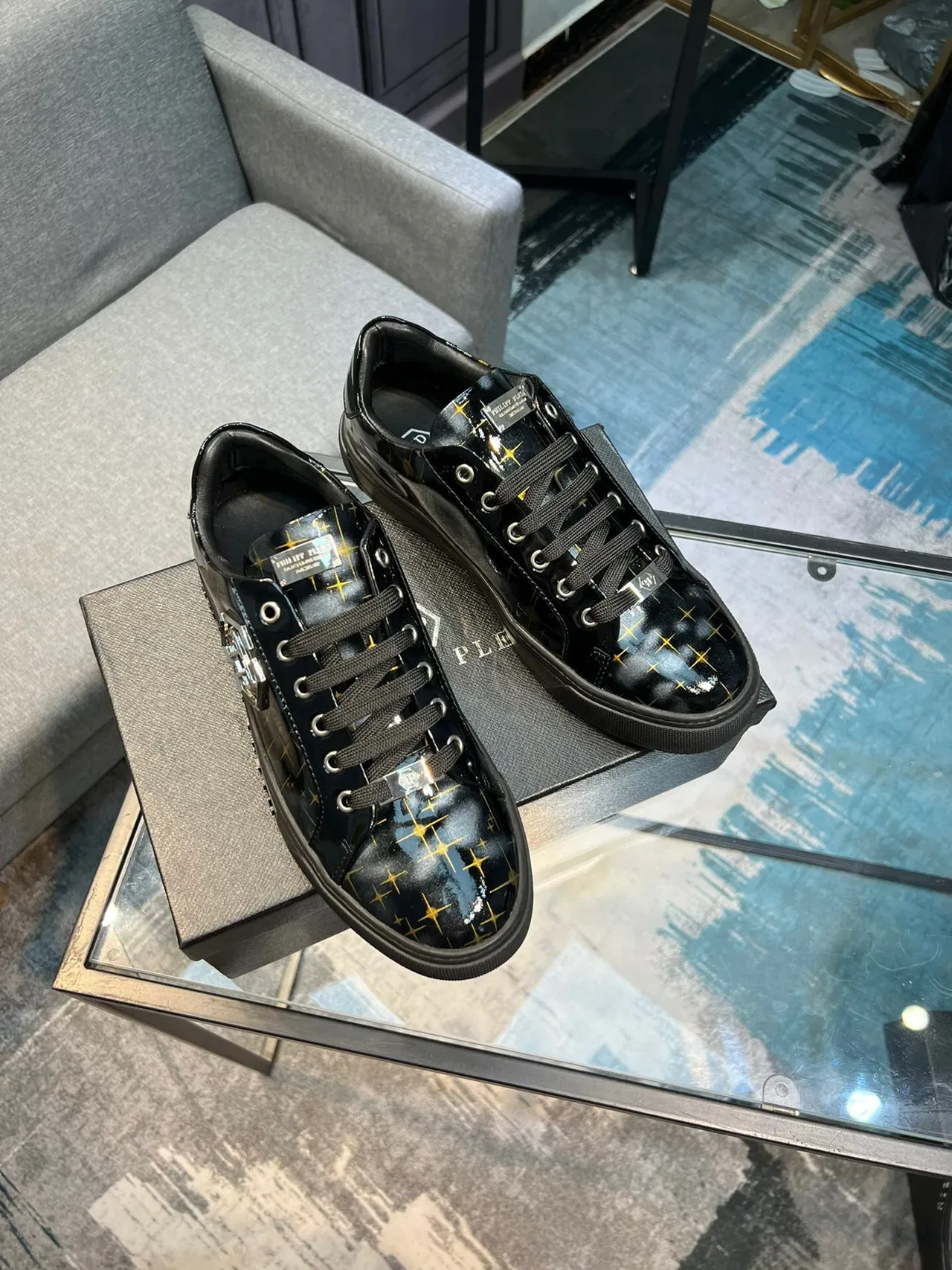 Philipp Plein Black Gold Glossy Patent Upper Starburst Print Lifestyle Sneakers 8