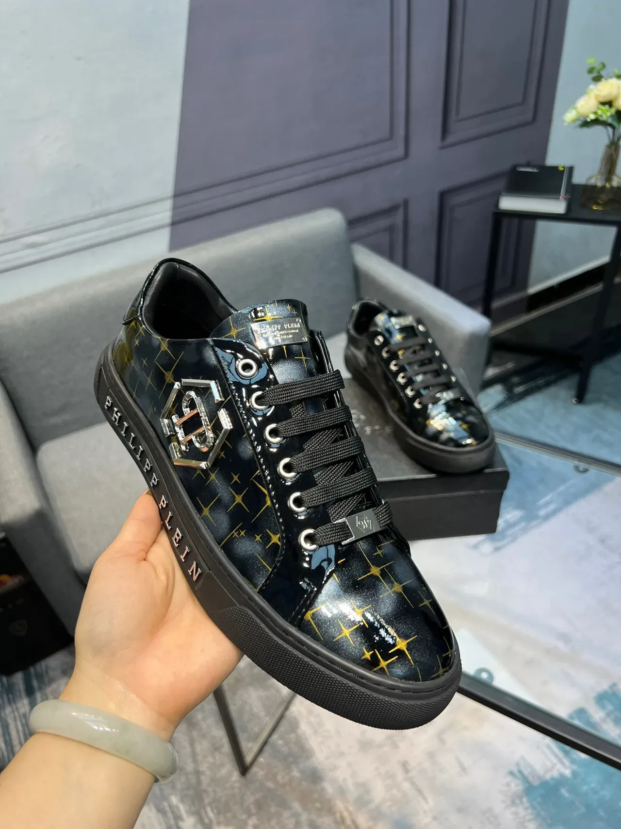 Philipp Plein Black Gold Glossy Patent Upper Starburst Print Lifestyle Sneakers 9