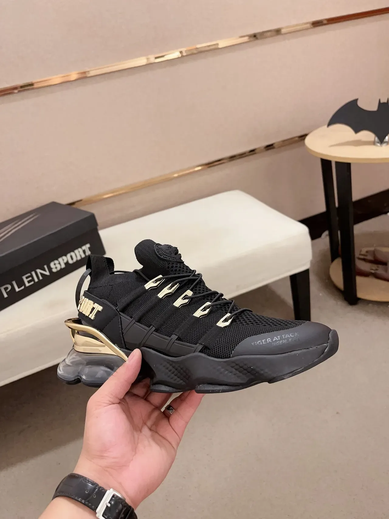 Philipp Plein Noir et Or Knit Sock-Fit Upper Semelle Intermédiaire en Caoutchouc Sculpté Sneakers Chunky 5