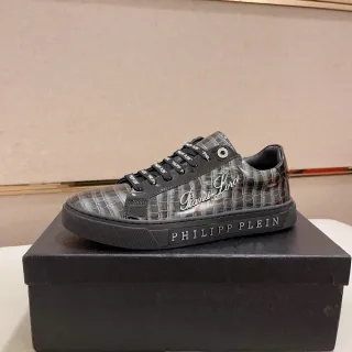 Philipp Plein Black Silver Crocodile-Embossed Patent Leather Metallic Accents Lifestyle Sneakers