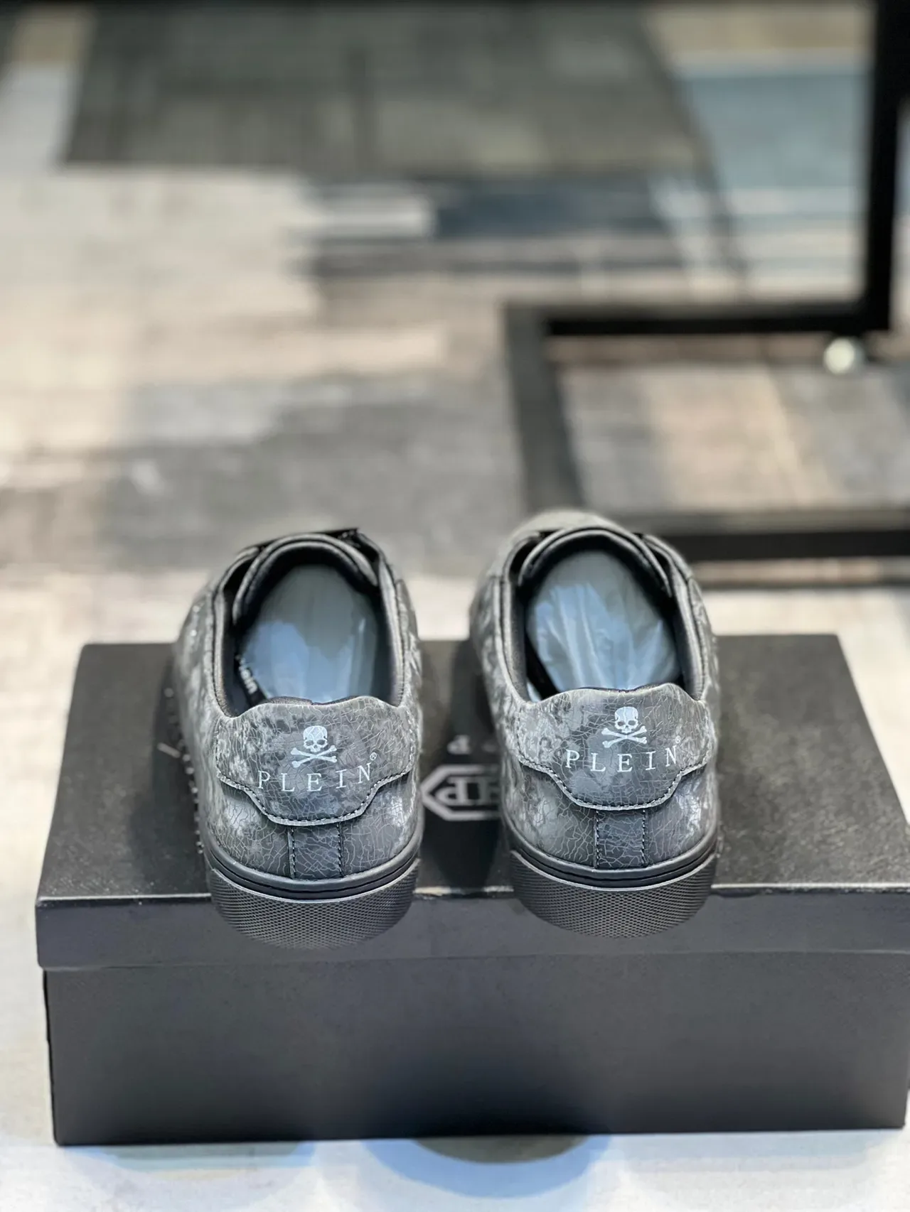 Philipp Plein Gray Black Crackle-Textured Upper Embossed Sole Branding Lifestyle Sneakers 2