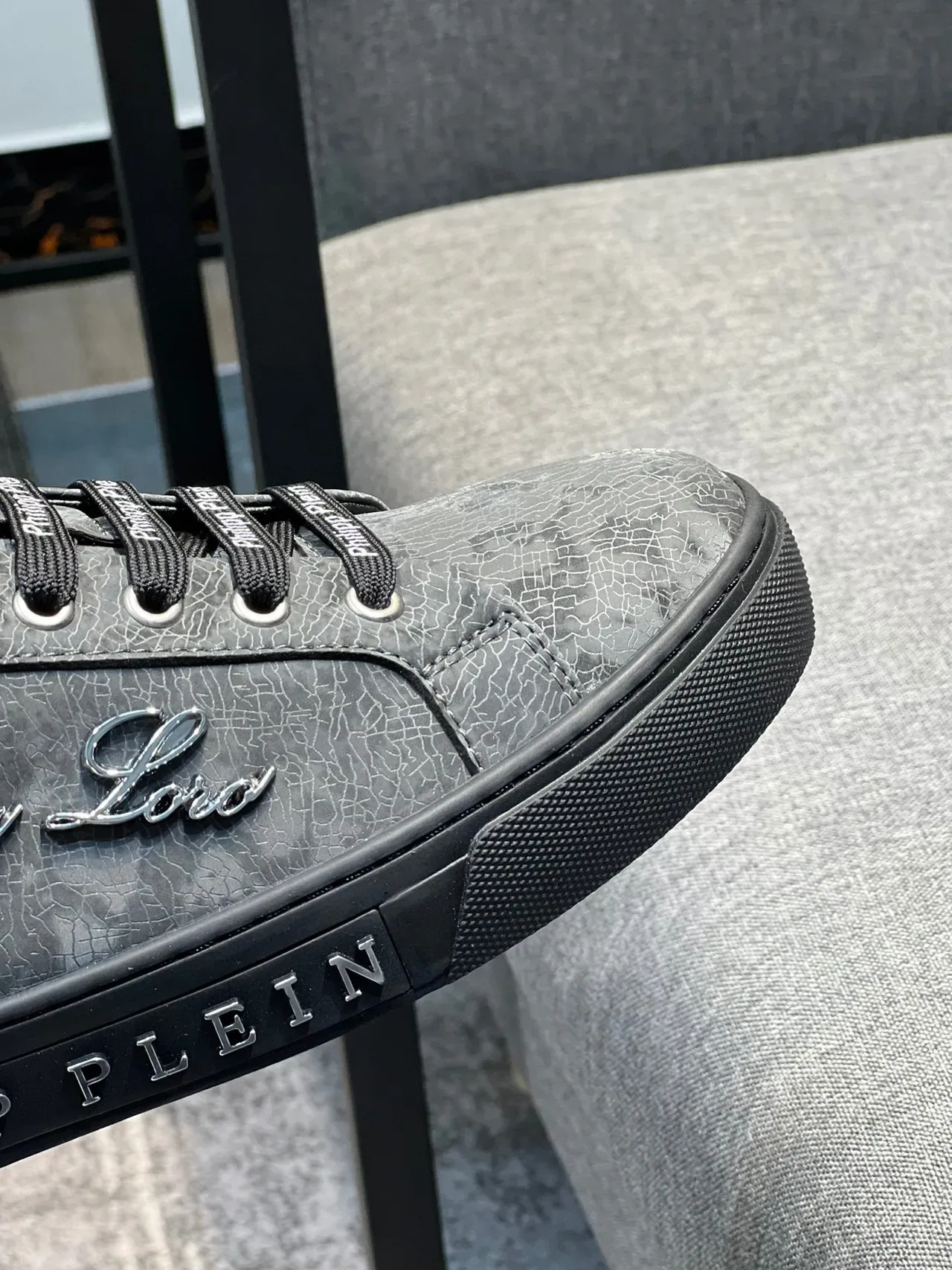 Philipp Plein Gray Black Crackle-Textured Upper Embossed Sole Branding Lifestyle Sneakers 3