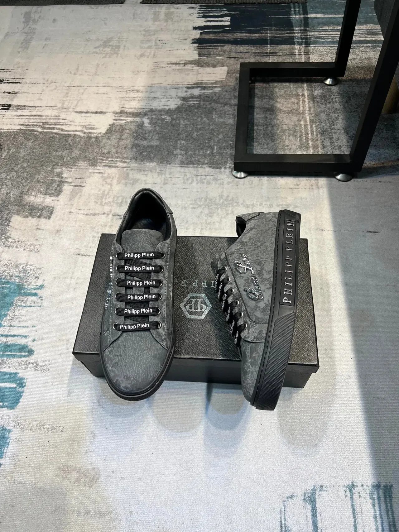 Philipp Plein Gray Black Crackle-Textured Upper Embossed Sole Branding Lifestyle Sneakers 4