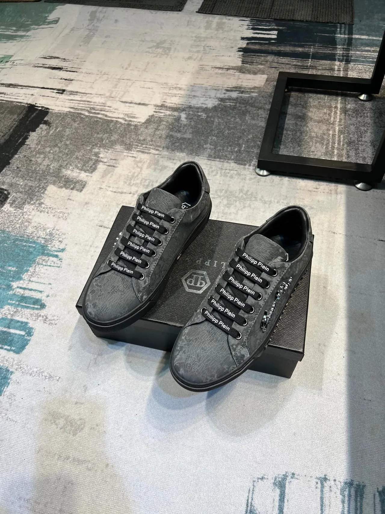 Philipp Plein Gray Black Crackle-Textured Upper Embossed Sole Branding Lifestyle Sneakers 5