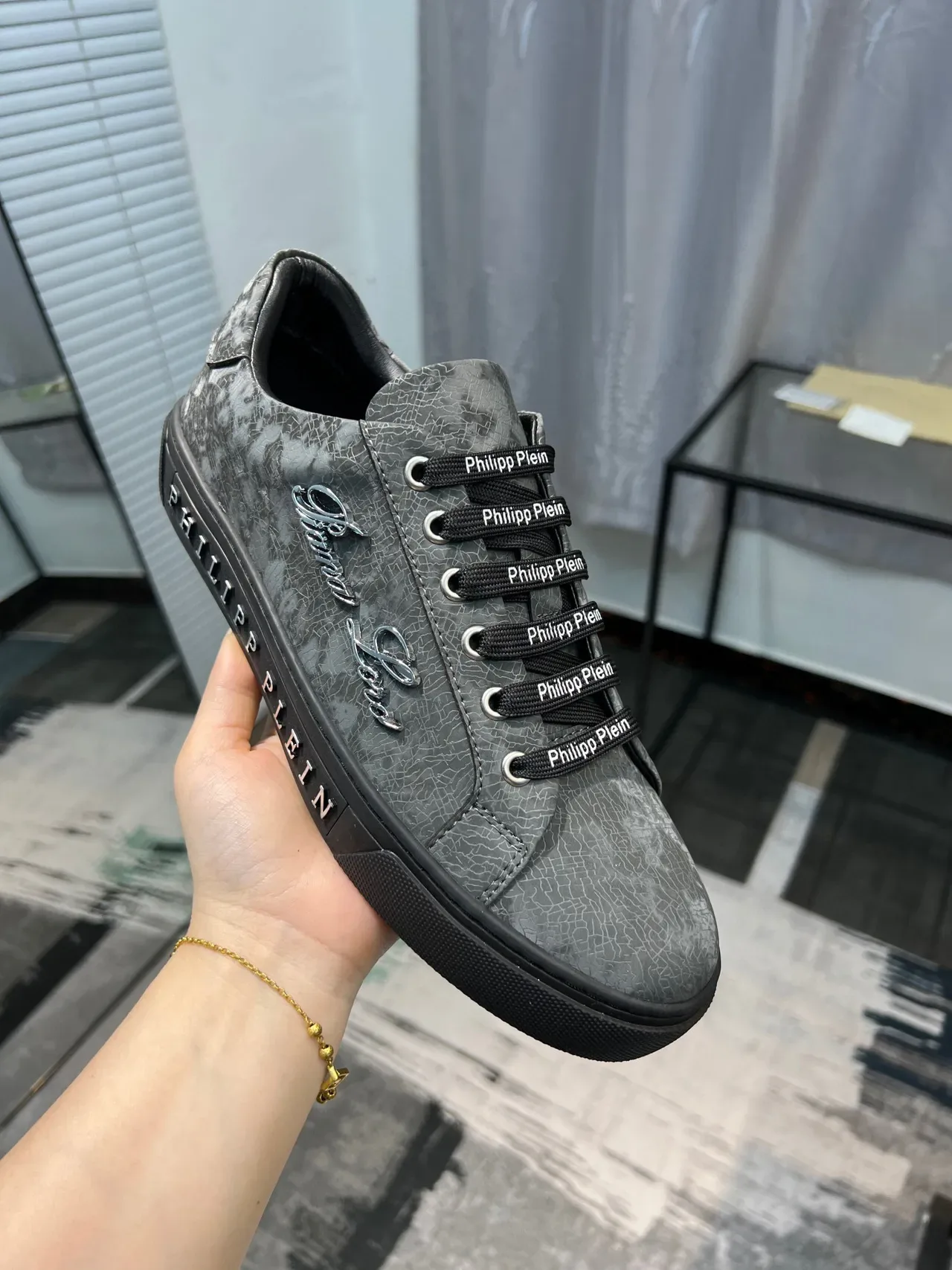 Philipp Plein Gray Black Crackle-Textured Upper Embossed Sole Branding Lifestyle Sneakers 6