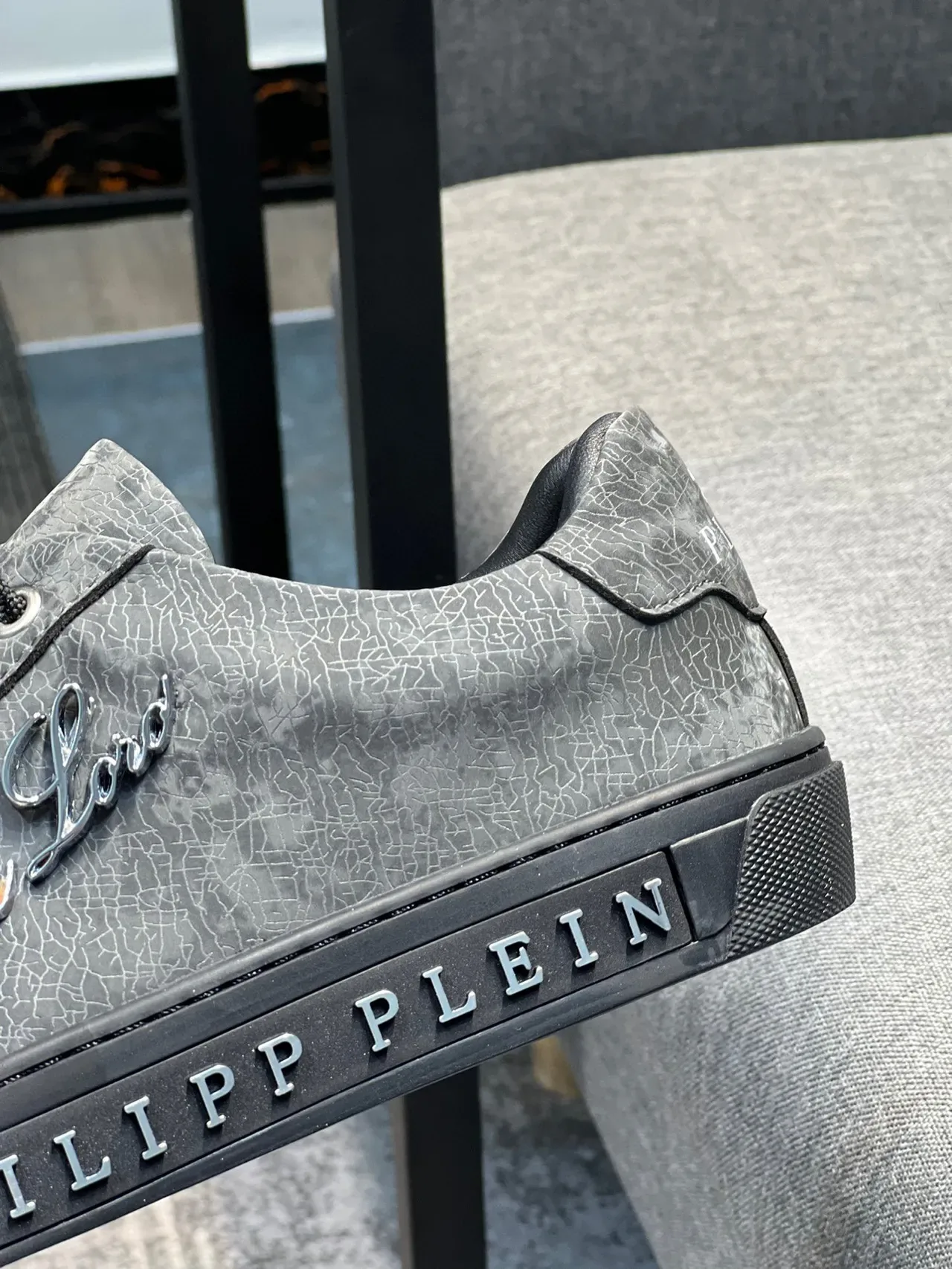 Philipp Plein Gray Black Crackle-Textured Upper Embossed Sole Branding Lifestyle Sneakers 8
