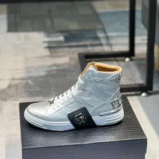 Philipp Plein हाई टॉप चांदी धातुकी क्रॉक एमबॉस्ड जीवनशैली स्नीकर