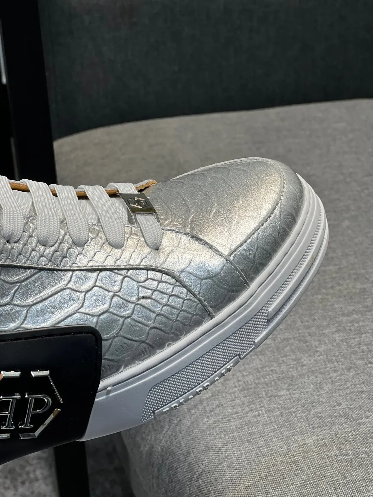Philipp Plein High-Top Metallic Silver Croc-Embossed Lifestyle Sneaker 3