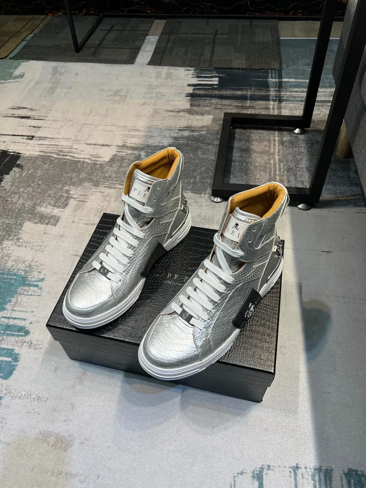 Philipp Plein High-Top Metallic Silver Croc-Embossed Lifestyle Sneaker 4