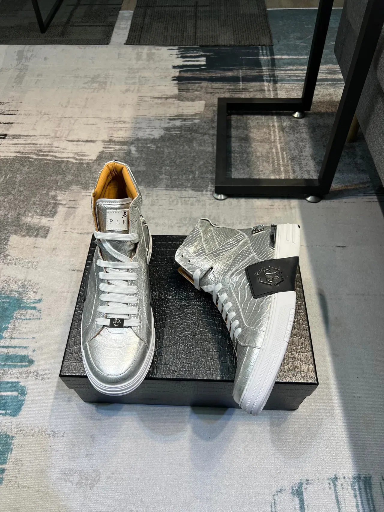 Philipp Plein High-Top Metallic Silver Croc-Embossed Lifestyle Sneaker 5