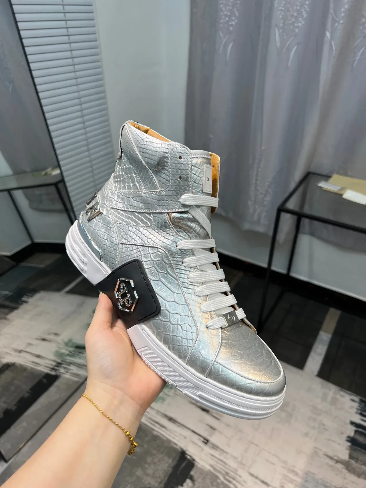 Philipp Plein High-Top Metallic Silver Croc-Embossed Lifestyle Sneaker 6