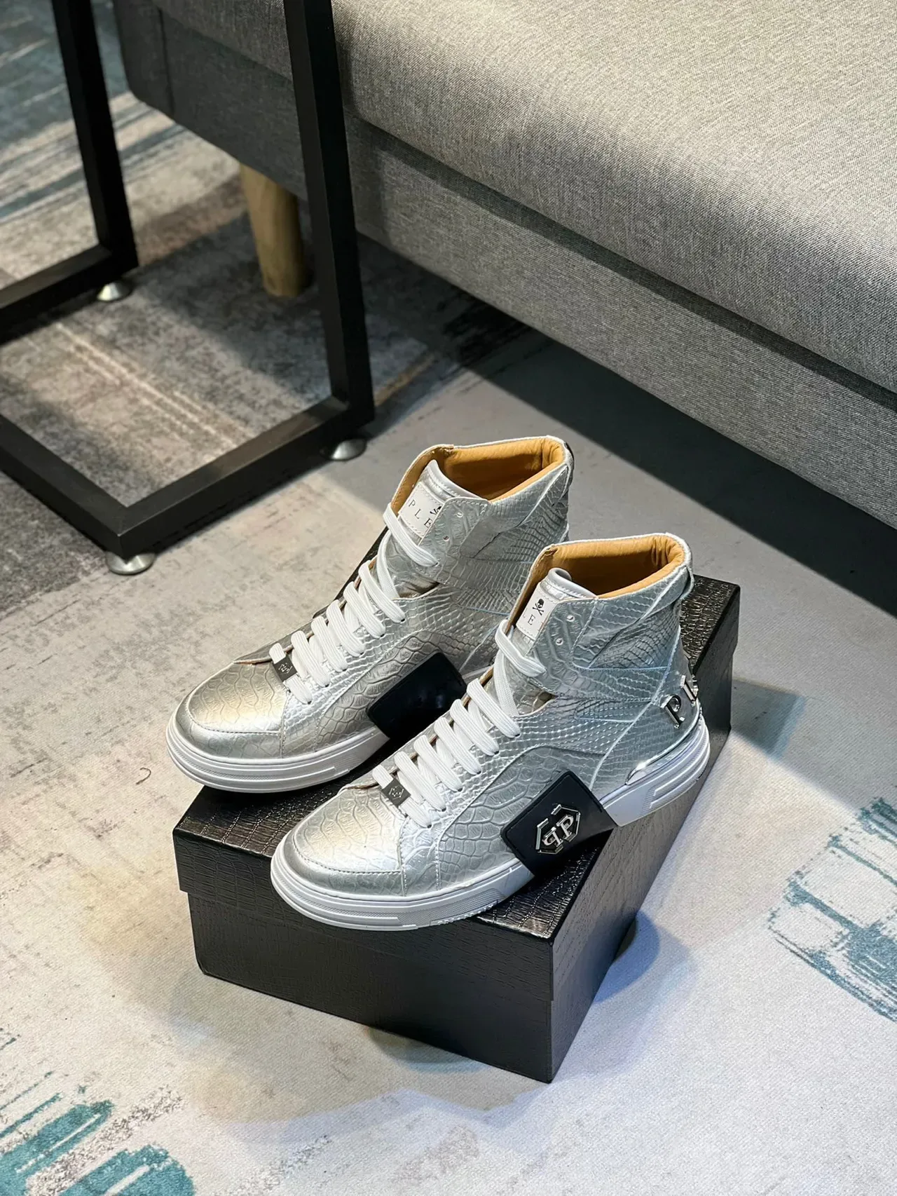Philipp Plein High-Top Metallic Silver Croc-Embossed Lifestyle Sneaker 8