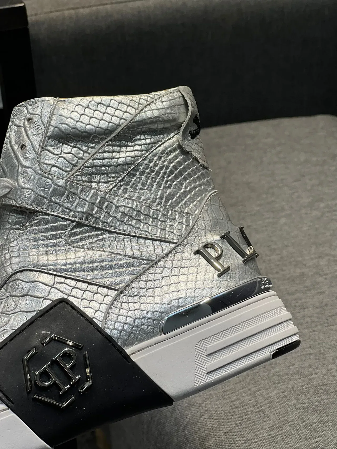 Philipp Plein High-Top Metallic Silver Croc-Embossed Lifestyle Sneaker 9