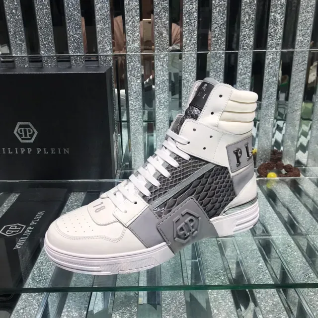 Philipp Plein White Gray High-Top Mixed-Material Sneakers 3