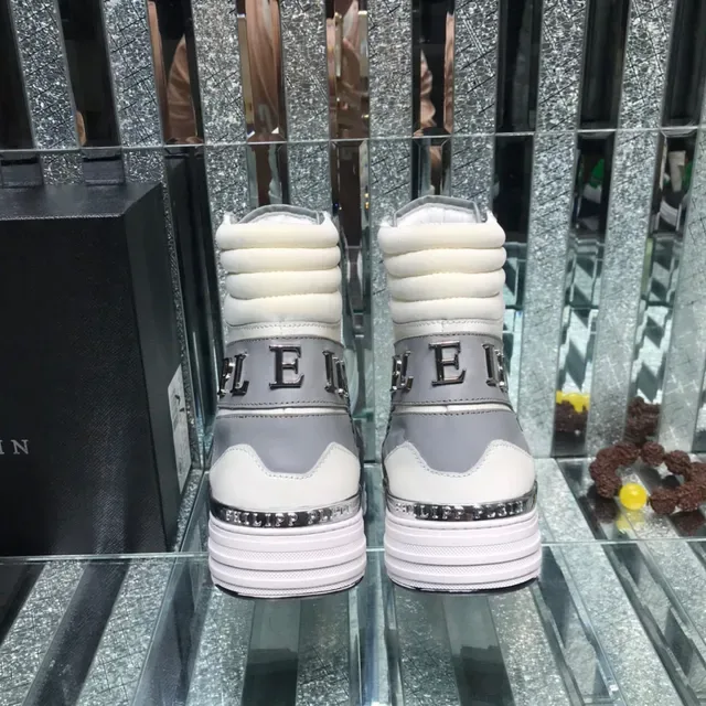 Philipp Plein White Gray High-Top Mixed-Material Sneakers 4