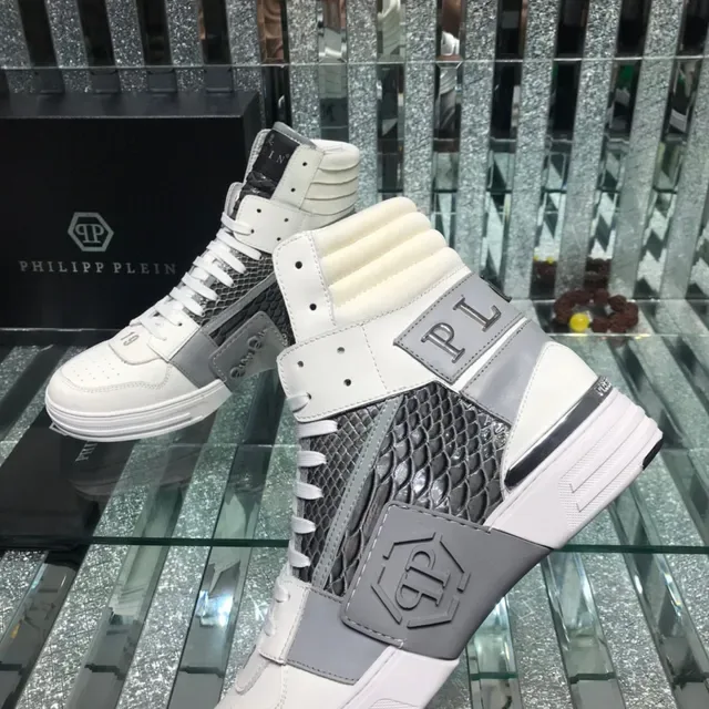 Philipp Plein White Gray High-Top Mixed-Material Sneakers 5