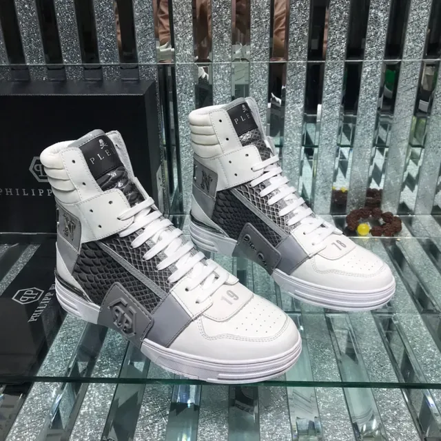 Philipp Plein White Gray High-Top Mixed-Material Sneakers 7