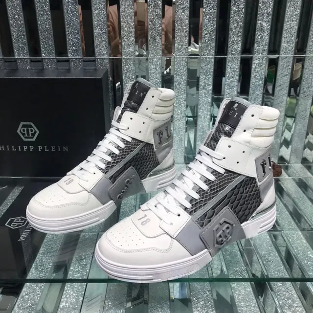 Philipp Plein White Gray High-Top Mixed-Material Sneakers 8